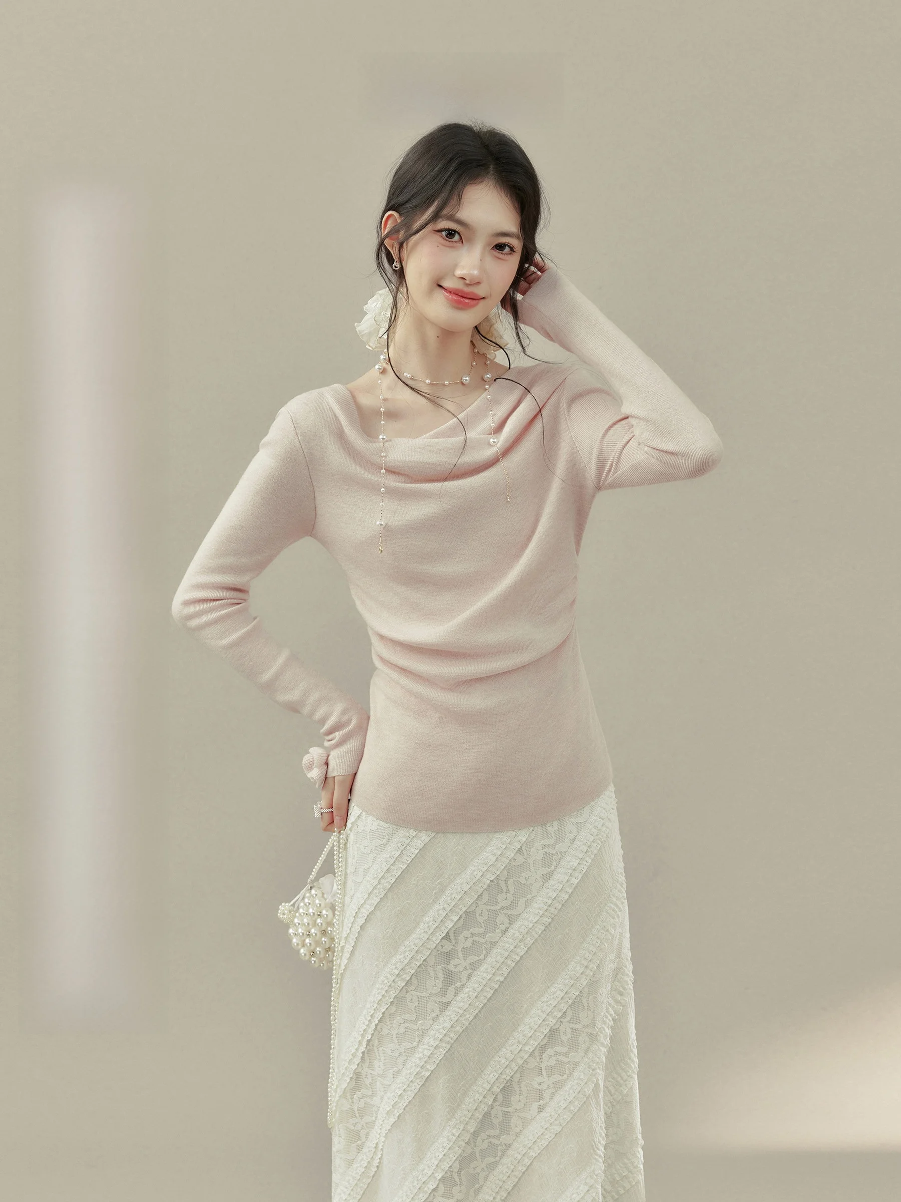 

Sweet Desire Trap Fatter "Pink Loose Collar Long Sve Knitted Sweater" Spring Inner Wear Base Top for plus Size Women
