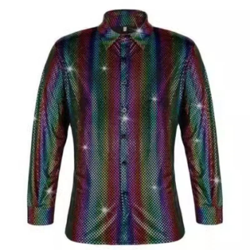 New Men's Disco Clothing Polka Dot Bronzing Laser Printing Long-sleeved Button-down Shirt