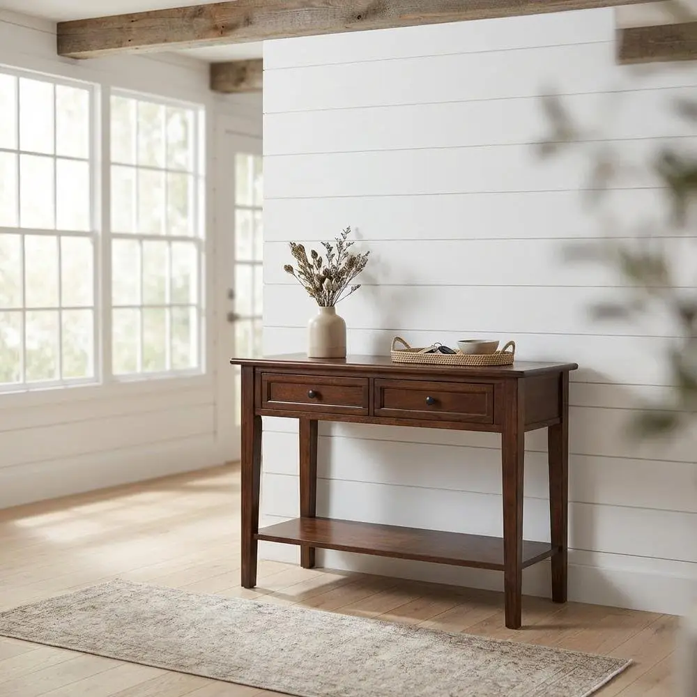 Solid Mahogany Console Table, Cherry Brown Distressed Finish, 2 Drawers & Shelf, Gunmetal Hardware, 46