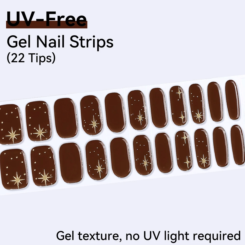 Tiras de Gel para uñas sin UV, 22 puntas, pegatinas de Gel autoadhesivas para uñas, decoración de manicura DIY, efecto sumergido, brillo, Color sólido marrón