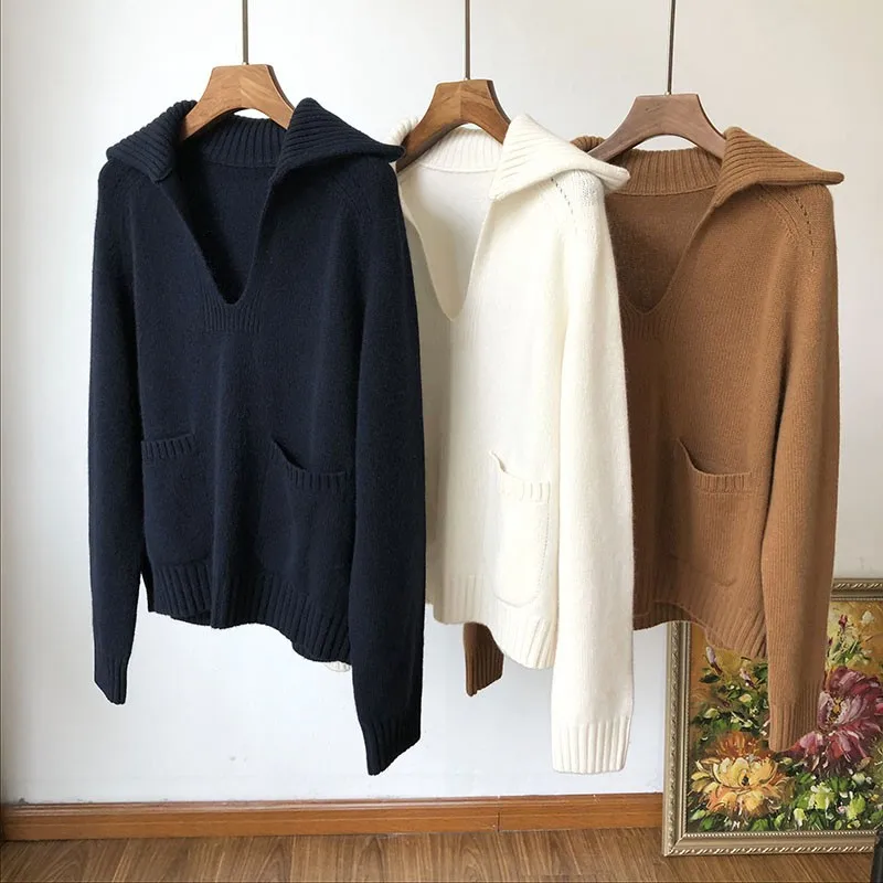 Lapel thick cashmere sweater female V-neck pullover loose lazy knitted cashmere temperament Joker.