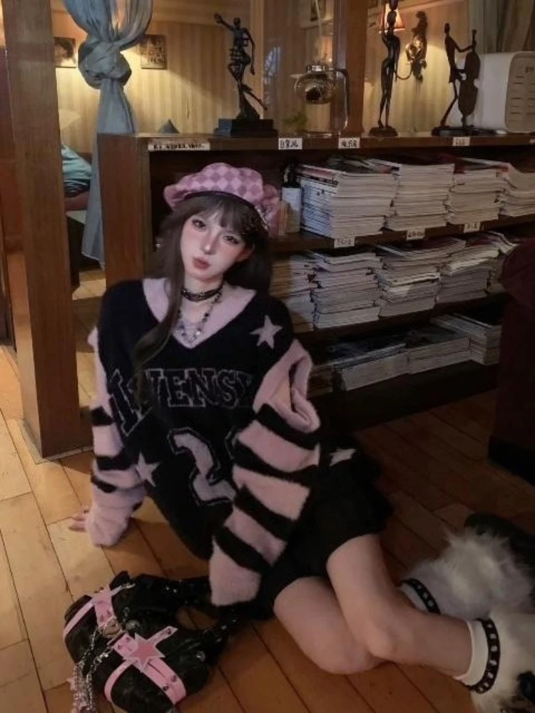 American Vintage Stripe Sweater Knit Patchwork Round Neck Long Sleeve Preppy Style Letter Pattern Fashion Casual Pullover Autumn