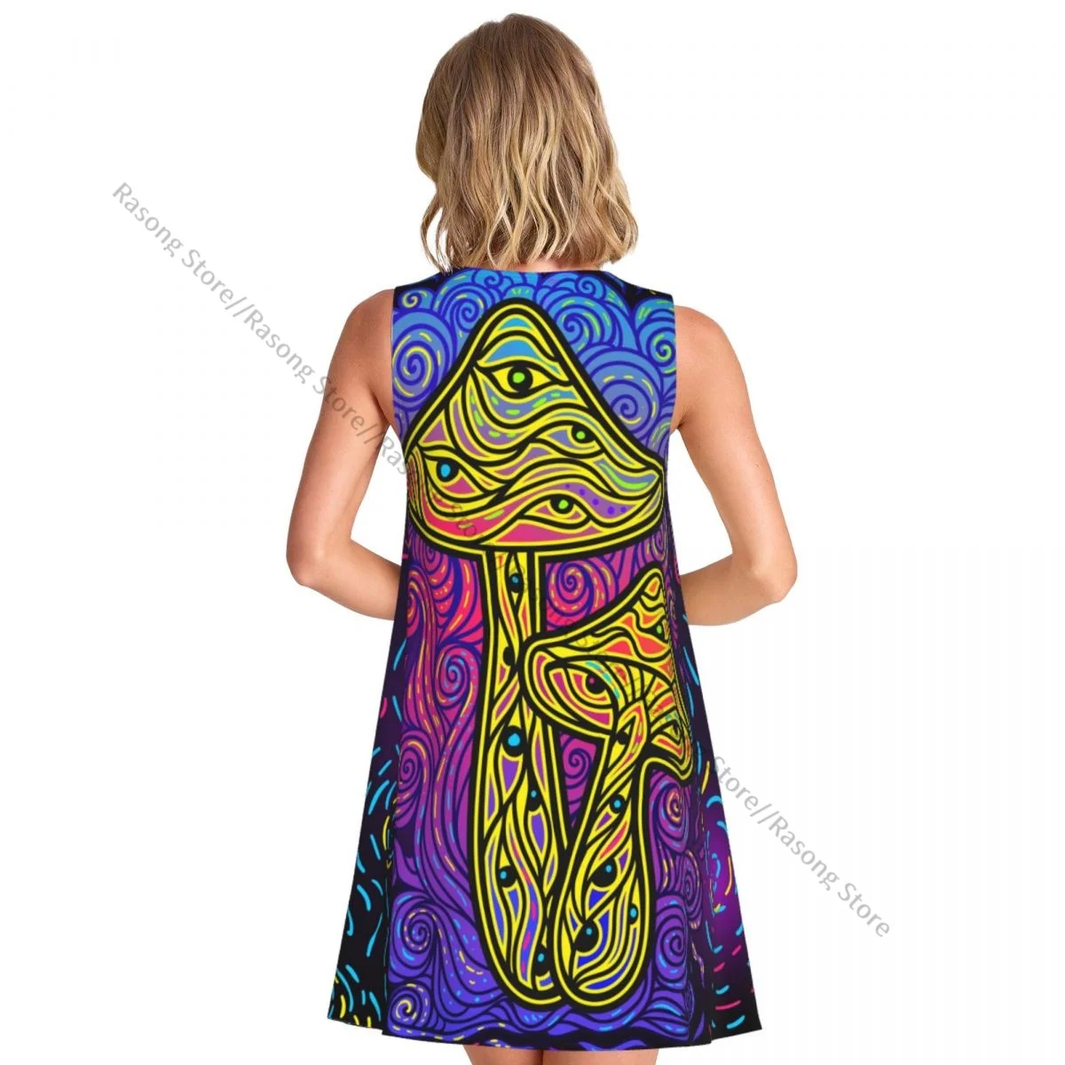 Women's Dress Mushrooms With Psychedelic Fluorescent Summer Casual T Shirt Beach Cover up Tank Dress