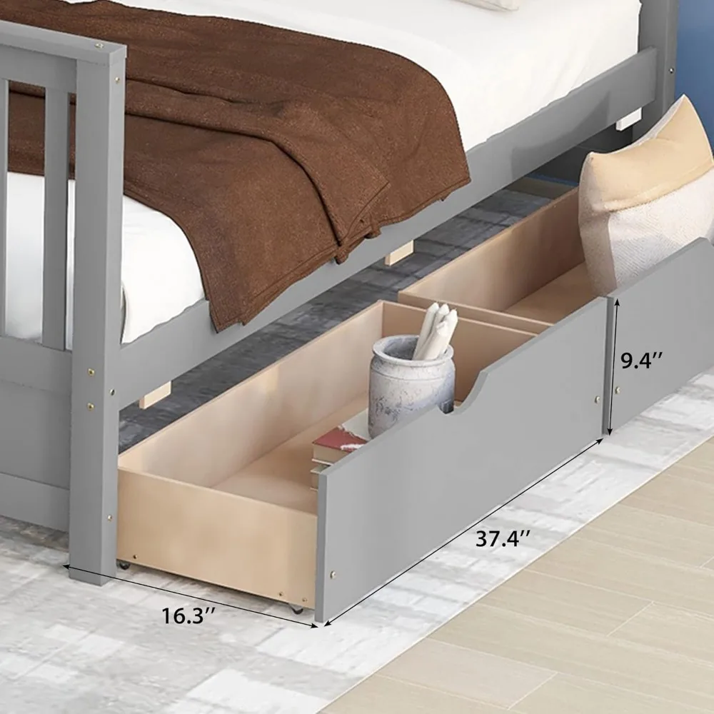 Wood Bunk Beds,Convertible Wood Bunk Bed with Ladders and Two Storage Drawers, Detachable Bunk Bed Frame,Twin Over Full Size