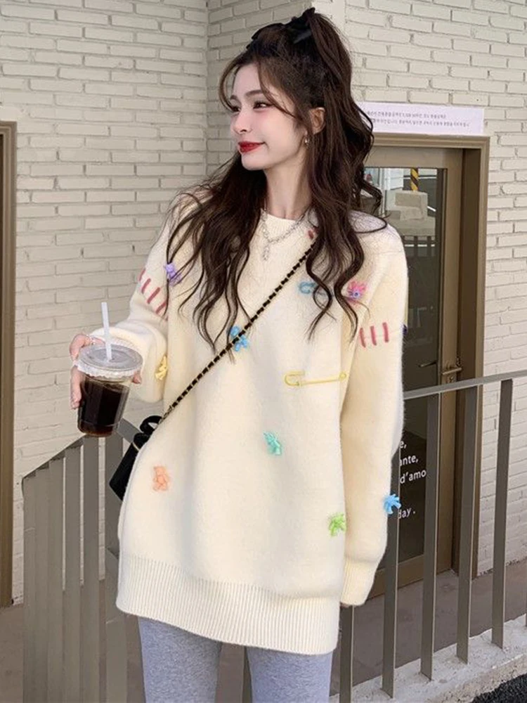 Zoki Cute Bear Women Casual Sweater Sweet Japan Knitted Pullovers Loose Long Sleeve O Neck Female Fall Fashion Elegant Jumper