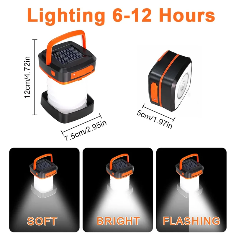 Solar Camping Light Foldable Waterproof USB Rechargeable Lantern 3Modes LED Flashing Lamp Fishing Travle Outdoor Tent Power Bank