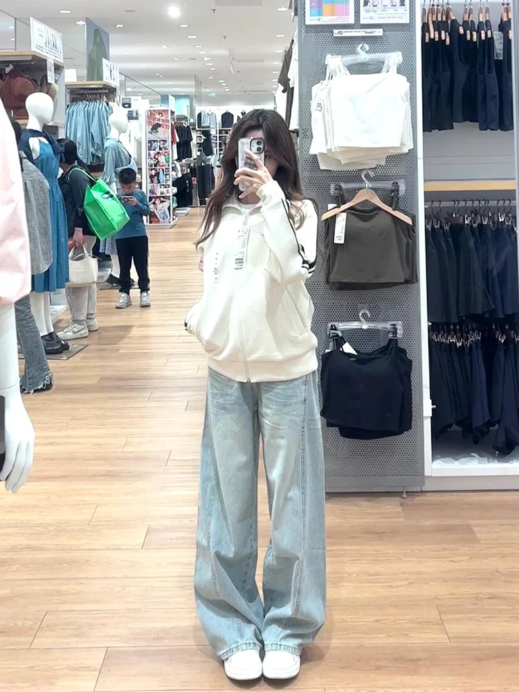 

Голубые джинсы с высокой талией и широкими штанинами, женские летние новые утягивающие драпированные брюки прямого кроя, брюки