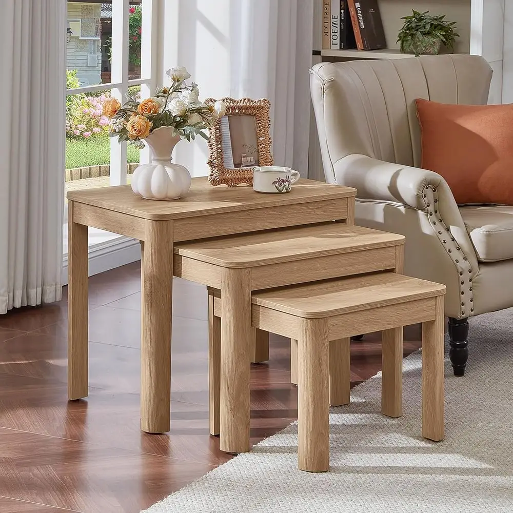 

Set of 3 Round Nested Side Tables with Thickened Legs, Natural Wooden Finish