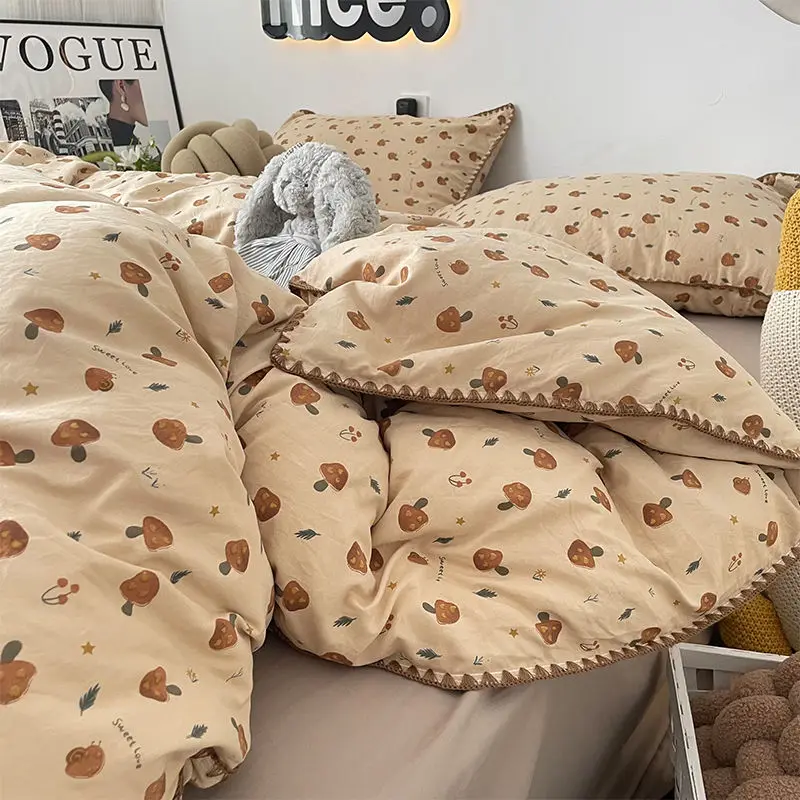 Bedding Set Double Layered Yarn INS Girls Mushroom Soft Washed Cotton Bed Sheet Queen King Size Duvet Set Pillowcase Bed Sheet