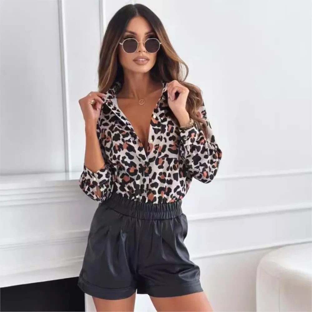 Ladies Elegant Leopard Print Pocket Blouse 2024 Autumn Fashion Multi-color Long Sleeved Printed Shirt For Women Streetwear Tops