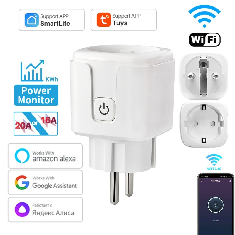 Tuya WiFi Smart Plug 16A/20A EU Smart Socket With Power Monitoring Timing Function Voice Control Via Alexa Google Home Yandex