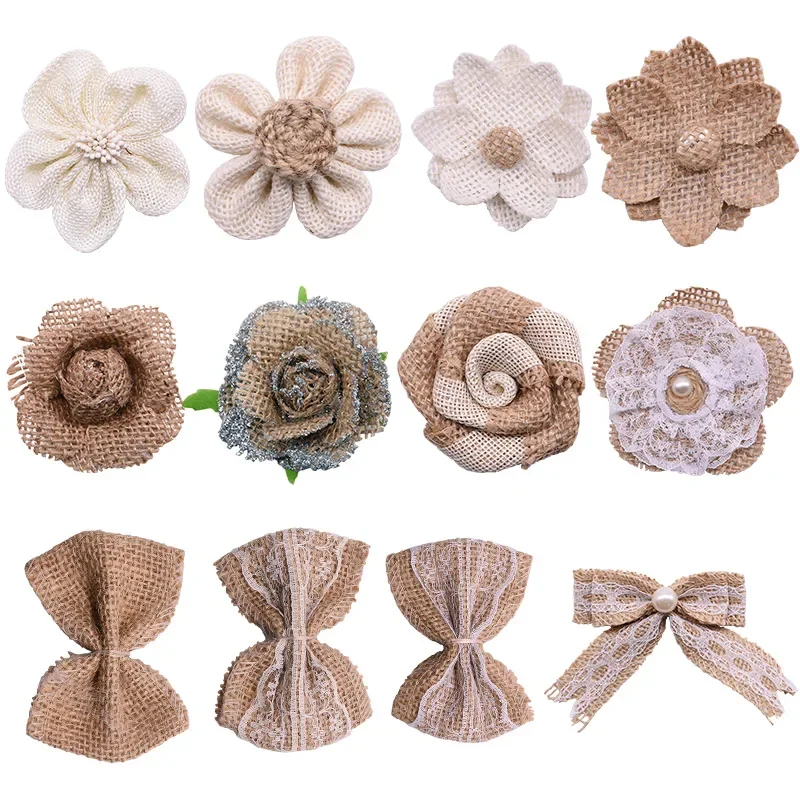 5Pcs Handmade Jute Burlap Rose Artificial Flowers Hessian Ribbon Bow Vintage Rustic Wedding Home Decoration DIY Craft Supplies