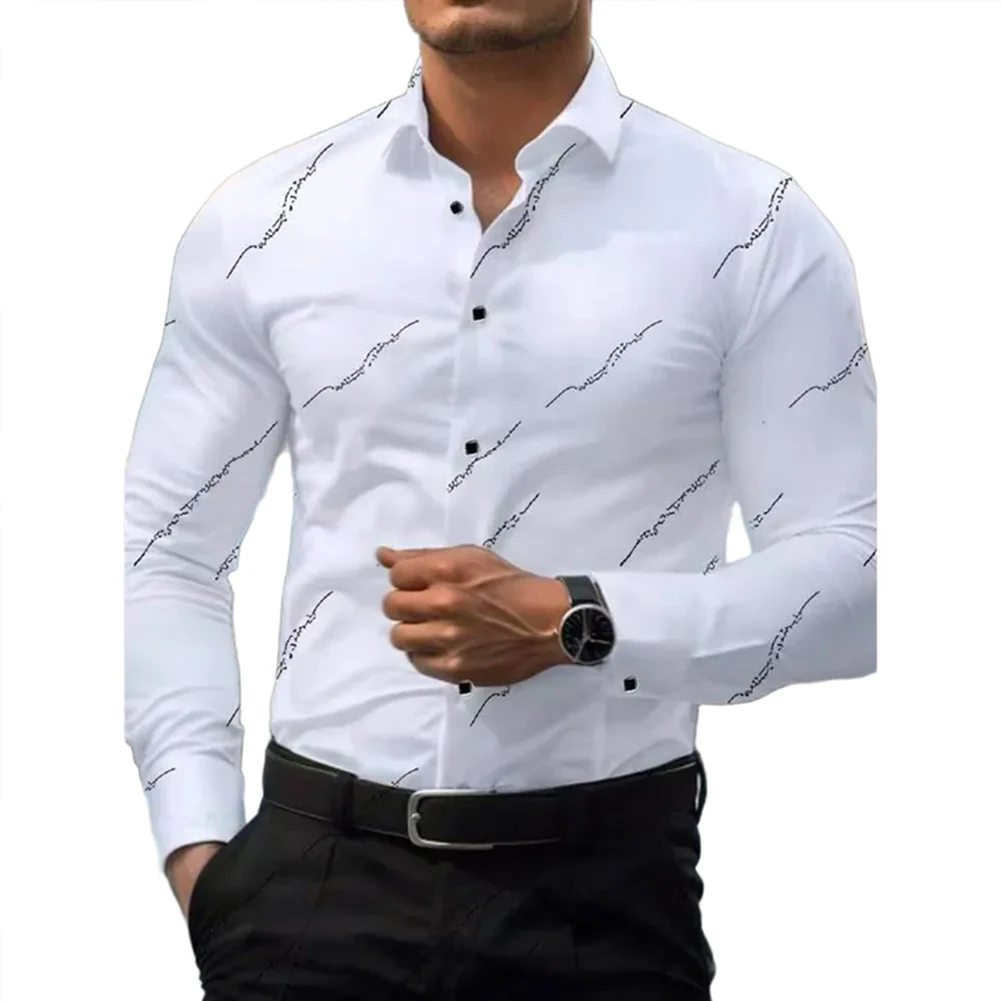 

Мужская рубашка с длинным рукавом с принтом в стиле ретро и воротником с лацканами идеально подходит для уличных повседневных и деловых платьев