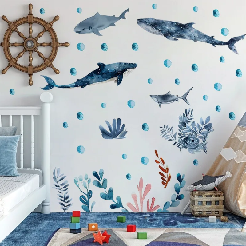 Undersea Marine Life Shark Whale Wall Stickers Ocean Underwater Animals Wall Decals for Kids Room Baby Bedroom Nursery Decor