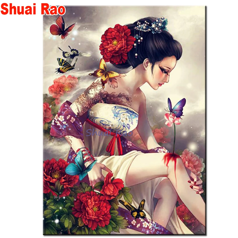 japanese flowers lady 5d diy diamond painting New 2024 full Square round mosaic diamond inlaid pattern,Peony Geisha girl gift