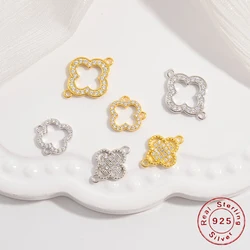 S925 Sterling Silver Hollowed-Out lucky Four-Leaf Clover Connector Clover Charm Pendant  for Necklace Jewelry Making SV9