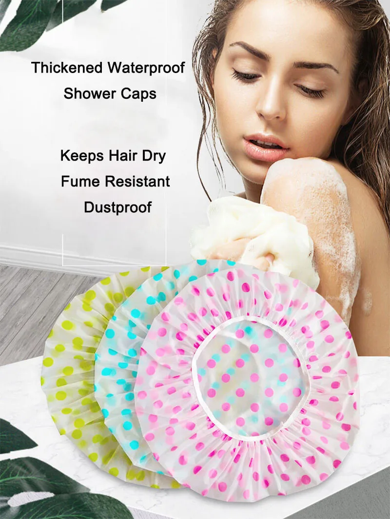 Thickened Waterproof Oil-Proof Disposable Shower Caps Colorful Polka Dot Soft EVA Snug Elastic Fit for Home Bathing Hair Coloring Kitchen Cooking Spa Travel Suitable for Adult Women Disposable Bath Hair Protector Caps