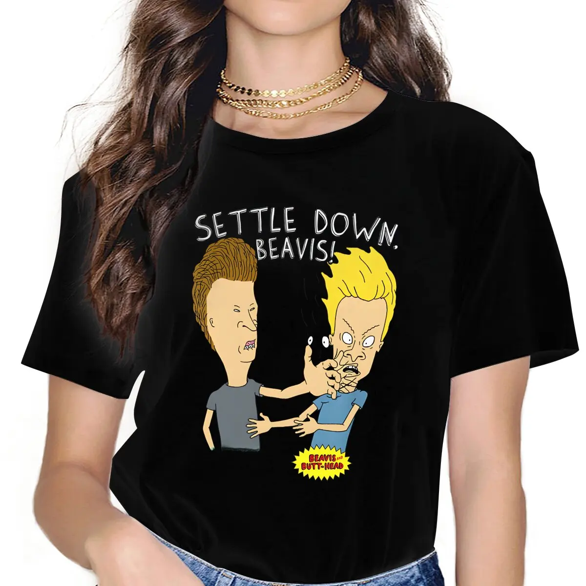 Settle Down Beavis Women's T Shirt Beavis and Butt-Head Ladies Tees Kawaii Polyester Tops Basic Tshirt y2k Hipster