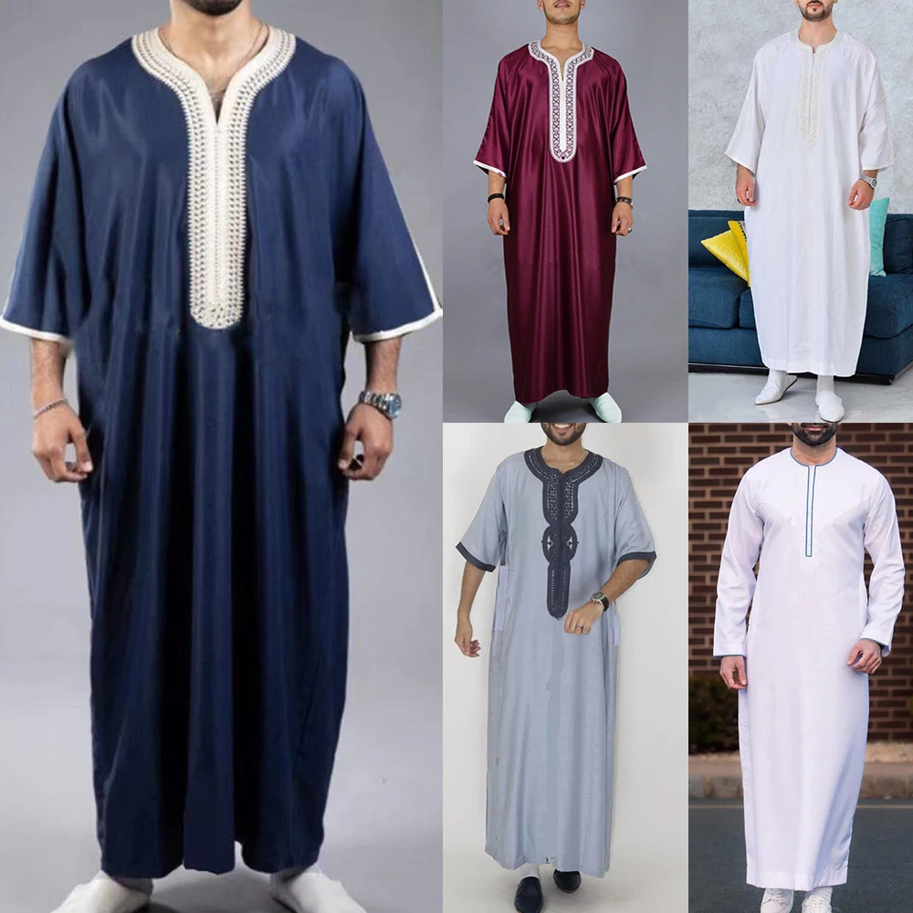 2024 New Men\'s Arabic Muslim Fashion Islamic Clothing Mens Embroidery Jubba Thobes Homme Moroccan Robe Eid Prayer Robe Dress