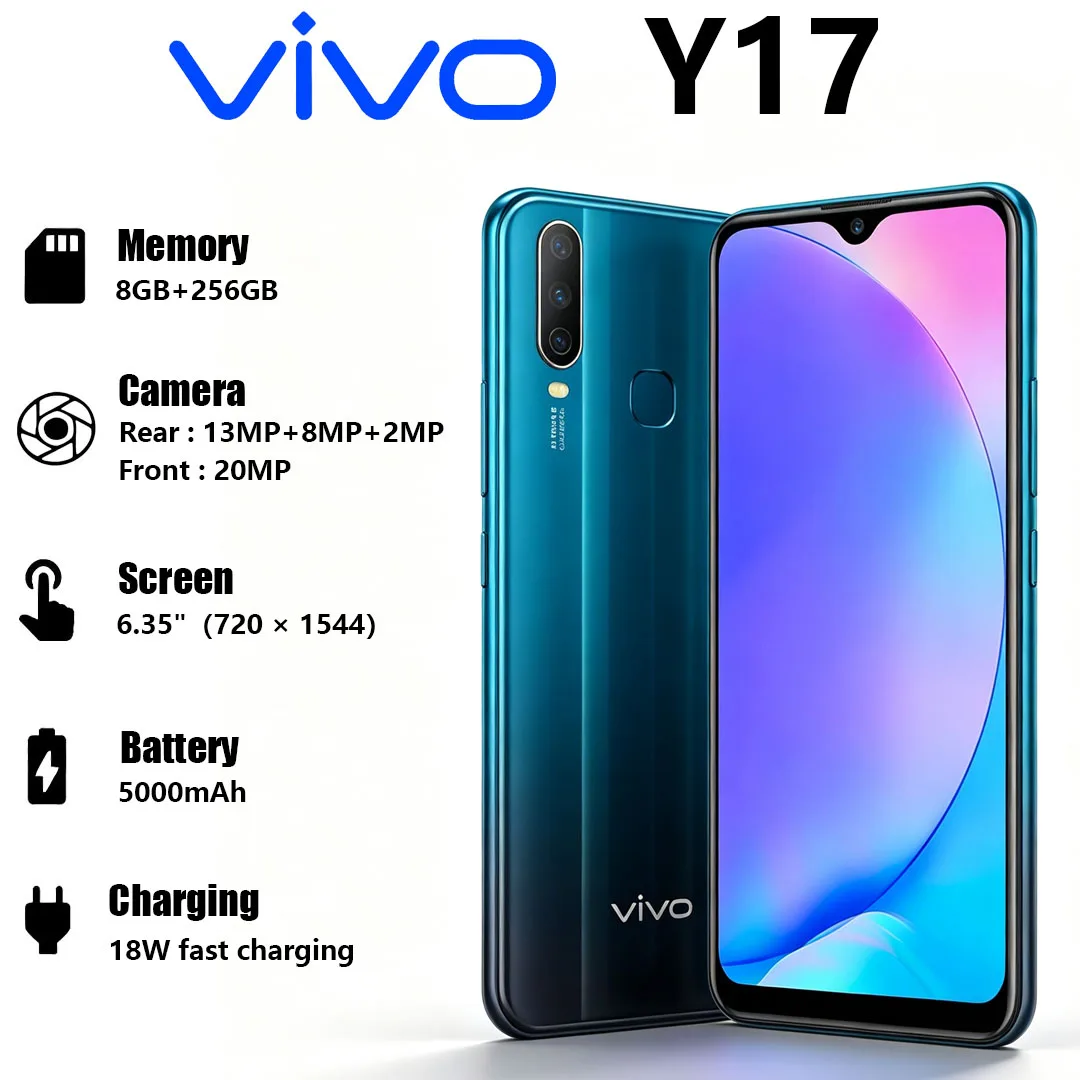 VIVO Y17 4G Budget Smartphone 6.35 Inch Big Screen 5000mAh Battery 13MP Main Camera Dual-SIM Global Version Mobile Phone 8+256GB