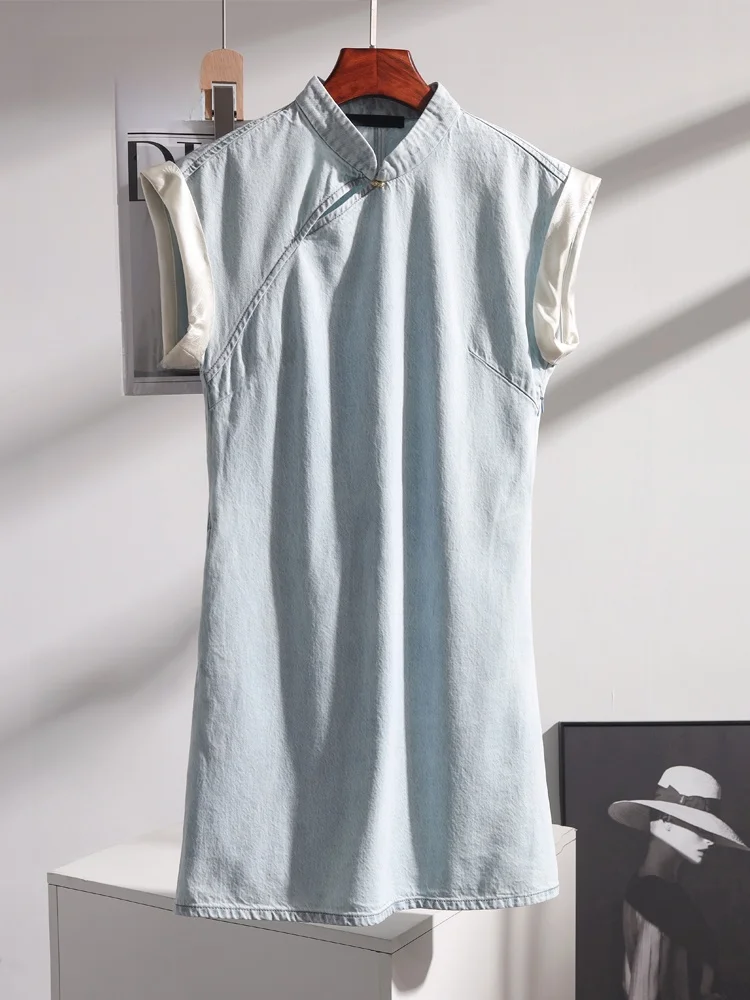 

Rixo Rmoco Chinese Sle Cotton Denim ort Sve Qipao Dr Waed Vintage Breathable Mid-Length Skirt for Women