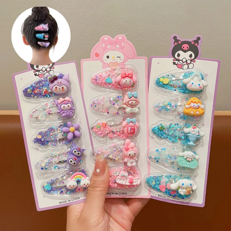 5PCS DIY Accessories Sanrio Kuromi Girls Hairpin Kawaii Babies Hair Clip My Melody Cinnamoroll Princess Quicksand Babies Clips