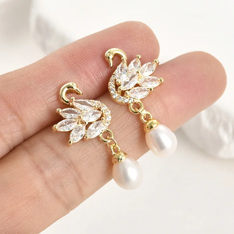 14k Electroplated Real Gold Color Retention Exquisite Zircon Swan with Hanging Studs DIY Handmade Pearl Earrings Accessories
