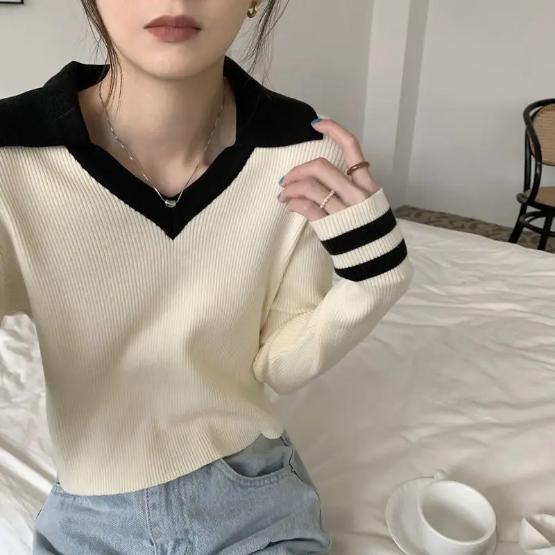 Women Clothing All-match Slim Long Sleeve Knit Pullovers Autumn Elegant Fashion V-neck Patchwork Sweaters Office Lady Sweet Tops