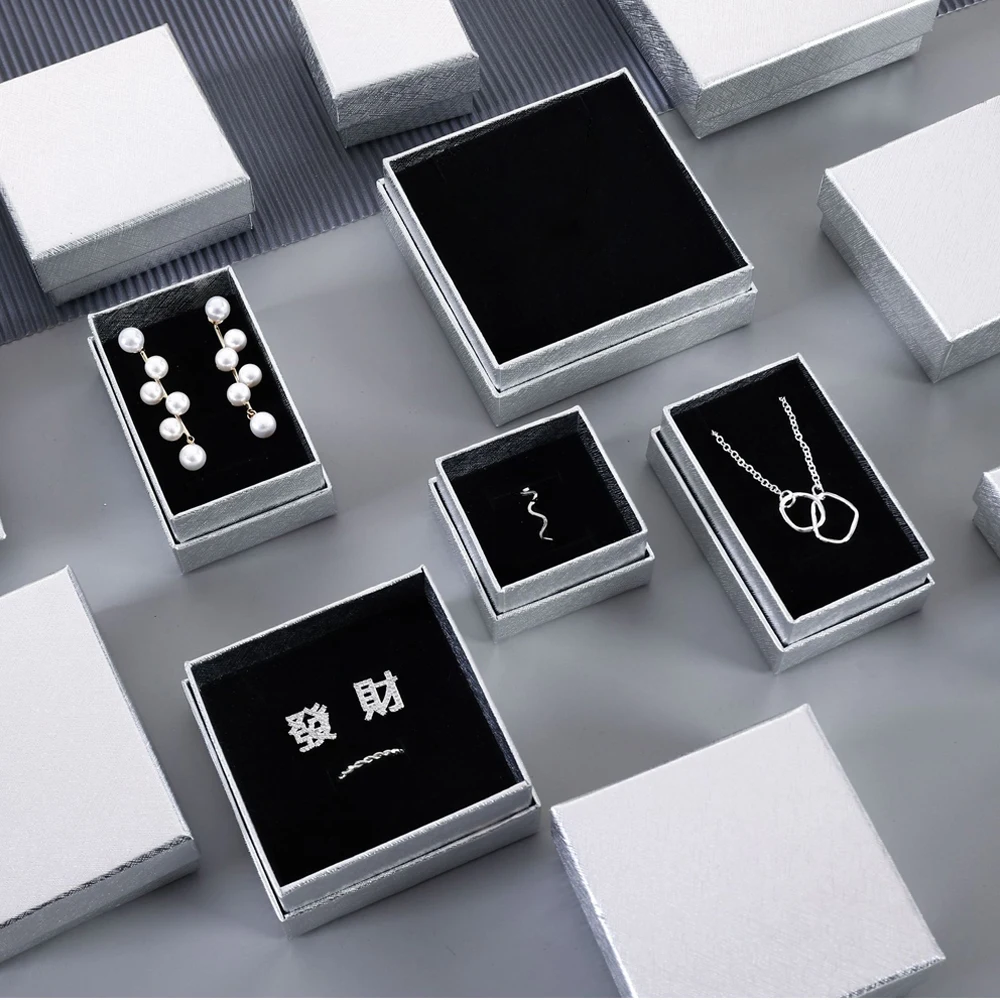 24pcs Silver Jewelry Cardboard Box with Black Sponge Jewelry Accessories Display Tool Ring Earring Packaging Case Gift Container