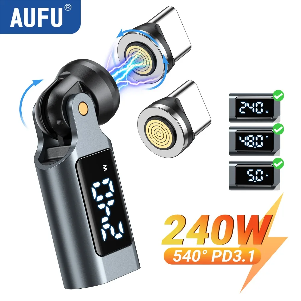 Adaptador Magnético OTG AUFU de 9 Pines con Pantalla Digital para iPhone 17, Macbook, Laptop, Xiaomi, PD240W 5A, USB C a Tipo C, Micro Macho