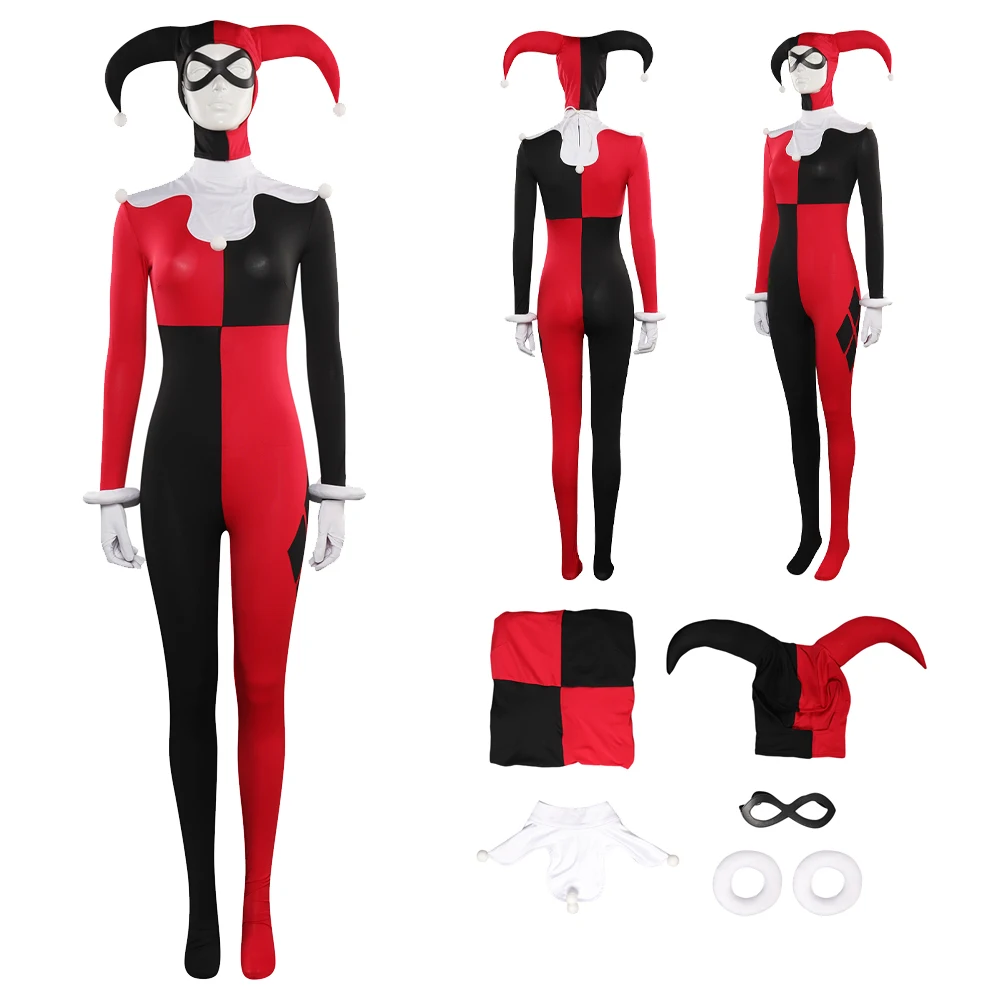 Quinzel Cosplay Jumpsuit Masker Joker Kostuum Vrouwen Meisjes Outfits Fantasie Halloween Carnaval Rollenspel Vermomming Bodysuit