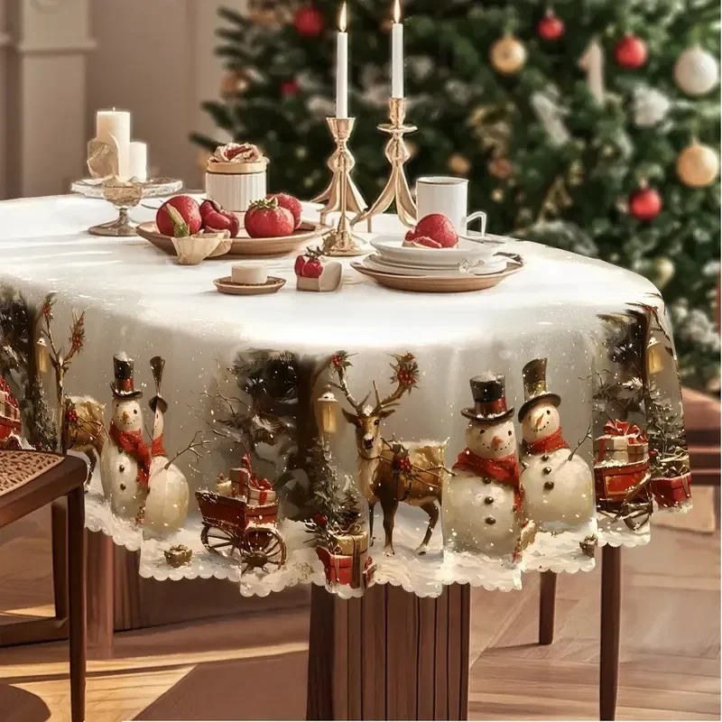 Christmas Tablecloth Rectangle/Round Table Decoration Polyester Waterproof &Stain Resistant Table Cloth for Kitchen Dinning Room
