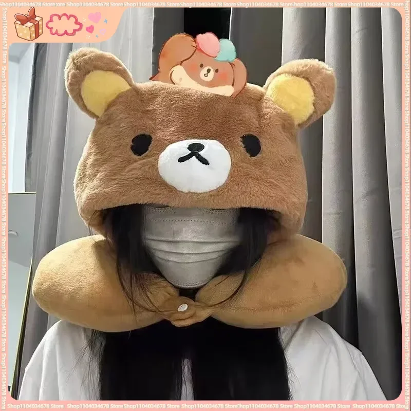 

Rilakkuma Plush Toy Doll Travel Hooded U-Shaped Neck Pillow Soft Neck Support Pillow For Plane/Cars/Office Napping Pillow