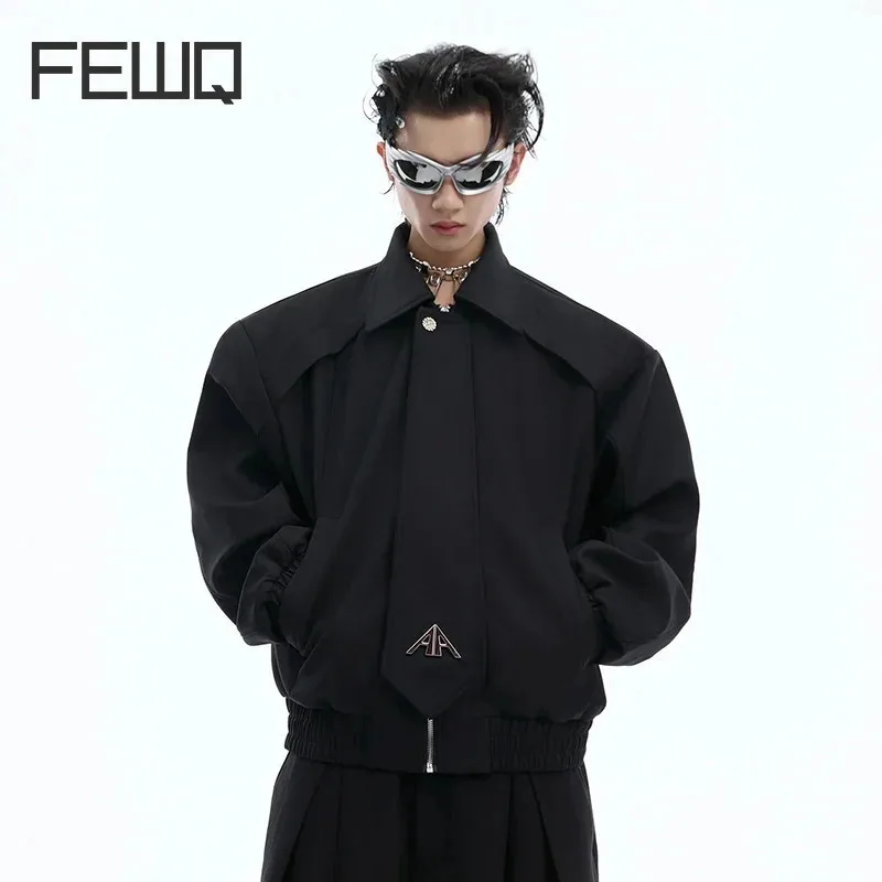 FEWQ High Street Men's Jackets Necktie Shoulder Pads Design Turn-down Collar Loose Solid Color Male Short Coats Stylish 24E2351