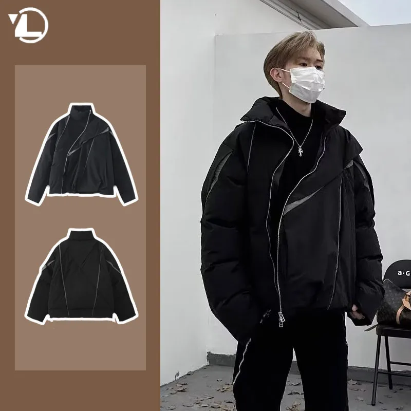 

Korean Street Winter Parkas Mens Hip Hop Fashion Loose Man Cotton Jacket Panelled Zipper Stand Collar Thicken Fluffy Bread Coat