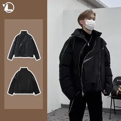 Korean Street Winter Parkas Mens Hip Hop Fashion Loose Man Cotton Jacket  Panelled Zipper Stand Collar Thicken Fluffy Bread Coat