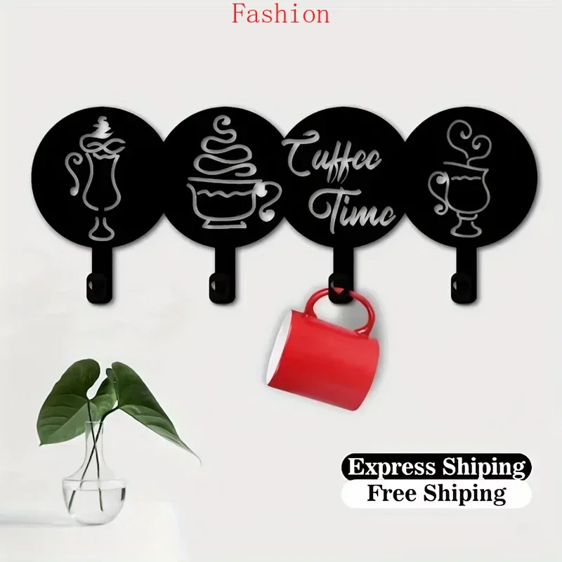 

Decorative Kitchen Hanger 4 Hooks Coffee Time Written Coffee Mug Decorated Mug Holder Towel Holder Iron Crafts Wall Hanging Art