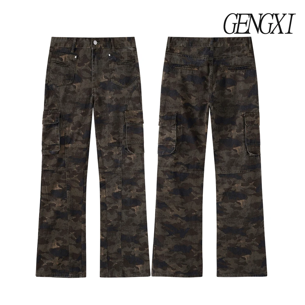 

Retro-style multi-pocket micro-flared bootcut jeans American-style bootcut camouflage workwear jeans Fashionable men's trousers