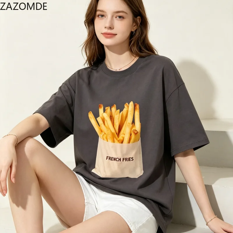 ZAZOMDE Vintage French Fries Oversized T-shirt Loose Fit Short Sleeve Tees Aesthetic Casual Daily Wear Fast Food Pattern Tops