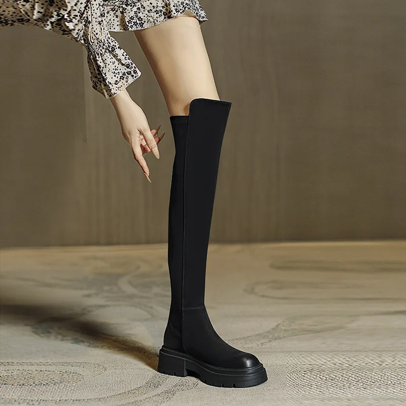 Women Flats Shoes Platform Pleated Chelsea Over The Knee Boots 2025 Winter Trend New Gladiator Suede Boots Goth High Sock Botas