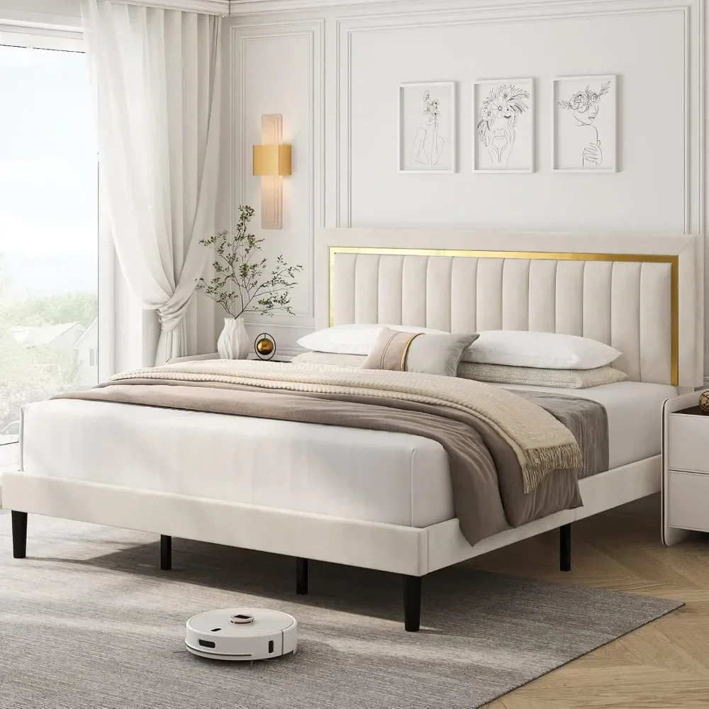 

Bed Frame with Adjustable Tufted Headboard, Velvet Upholstered Platform Bed Frame with Gold Trim