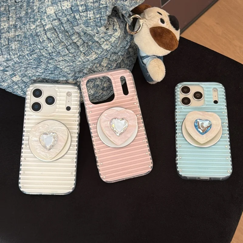 

Simple Color Stripes Diamond Magnetic Phone Case For iPhone 17 Pro 16 15 14 Pro Max Cover with Love Heart Stand For Magsafe Case