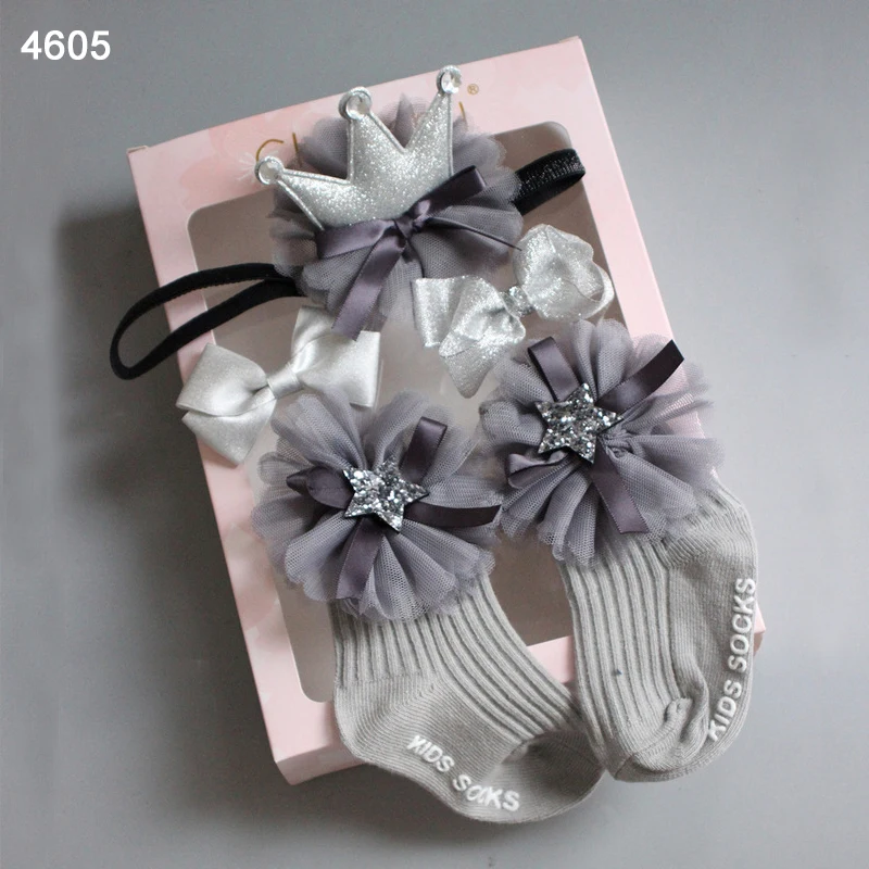 4Pcs/Set Infant Gift Box Lace Flower Bows Girl Headband Socks Sets Crown Stars Newborn Hair Pins Accessories Present Package