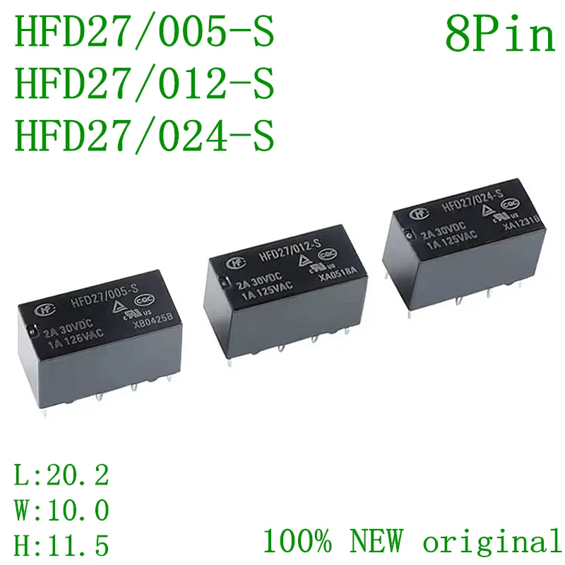 

10Pcs, JRC-HFD27-DC Relay, 5V, 12V, 24VDC, HFD27-005-S, HFD27-012-S, HFD27-024-S, 8PIN, 2A, 100% New