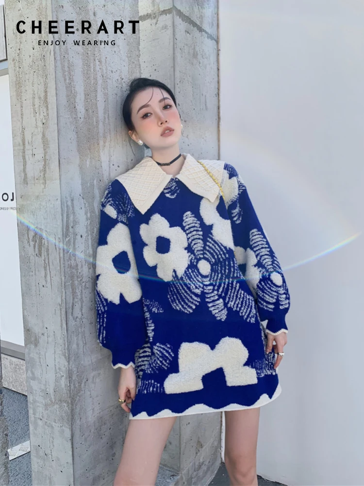 CHEERART Winter Floral Blue Sweater Dress Women Long Sleeve Knitted Collar Mini Korean Fashion Dress Designer Clothing