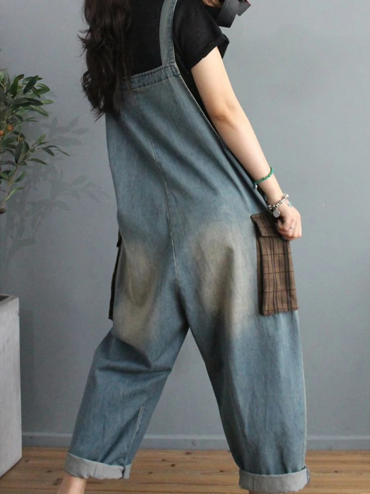 Max LuLu 2024 yeni sonbahar kore moda tasarımcısı bayan ekose Denim pantolon bayanlar baskılı Vintage kot rahat gevşek tulum