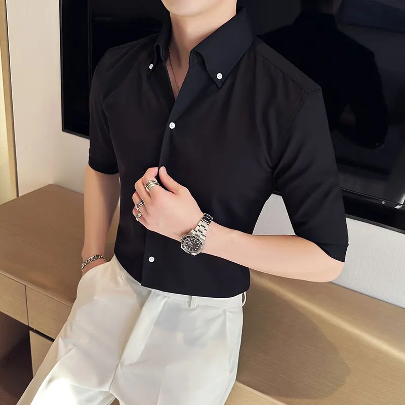 

Plus Size 4XL-S 2023 Summer V Neck Half Sleeve Shirt Men Korean Solid Color Simple Business Formal Slim Fit Casual Tops Tuxedo