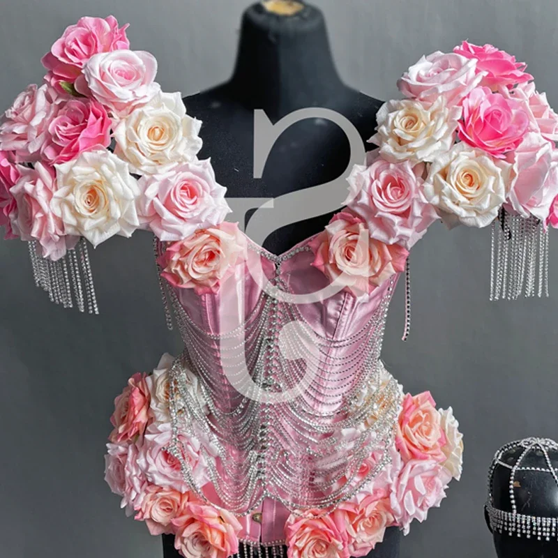 Body Vintage avec chaîne de forage à fleurs pour femmes, tenues de Festival, Costume de danseuse Gogo, robe de Jazz sur scène, vêtements Rave