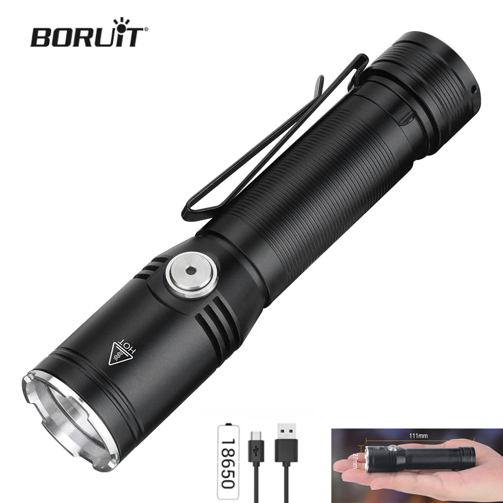 BORUiT High Powerful LED Flashlight 18650 Type-C Rechargeable Flash Torch IP67Wterproof Portable Outdoor Fishing Camping Lantern