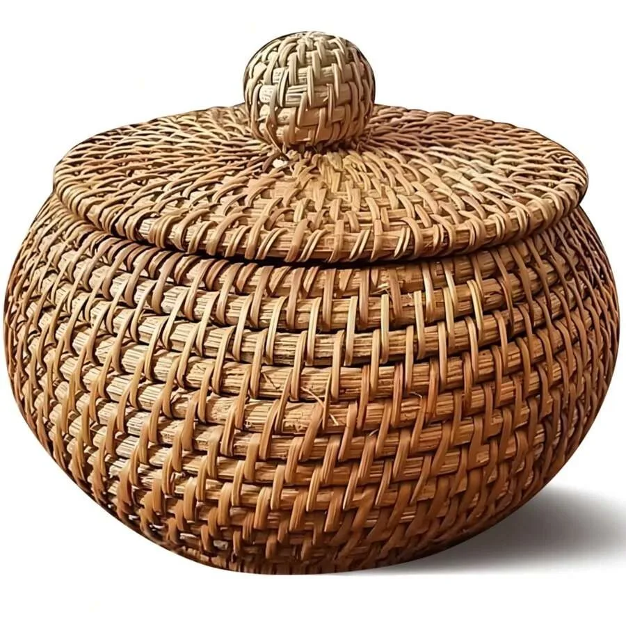 

Round Wicker Storage Basket With Lid Small Rattan Basket With Lid Handmade Woven Organizer 5.51 In X 5.51 In X 3.15 In/14 Cm X
